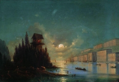 Айвазовский И. К. Вид приморского города вечером с зажженным маяком