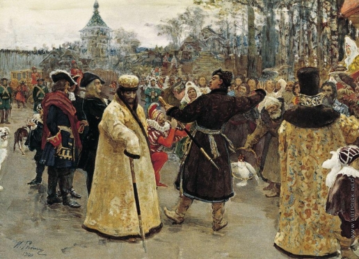 Репин И. Е. Приезд царей Иоанна и Петра Алексеевичей на Семеновский потешный двор в сопровождении свиты