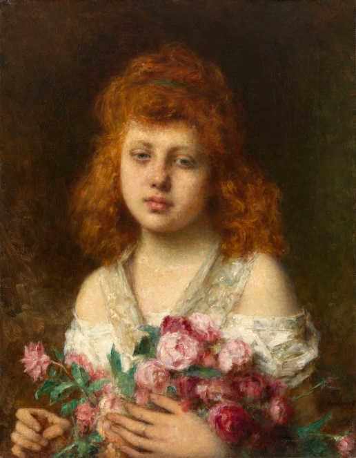Харламов А. А. Девочка с золотисто-каштановыми волосами, держащая букет из красных роз