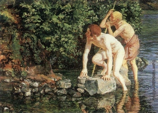 Иванов А. А. Старик, опирающийся на палку, и мальчик, выходящий из воды (на фоне пейзажа)