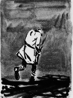 Дейнека А. А. Фигура солдата с винтовкой в руках уходящего вдаль с поникшей головой. Иллюстрация к книге Анри Барбюса «В огне»