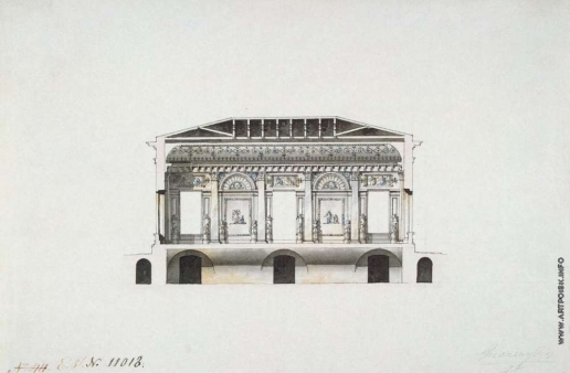Кваренги Д. Концертный зал в Екатерининском парке Царского Села. Продольный разрез по главному помещению