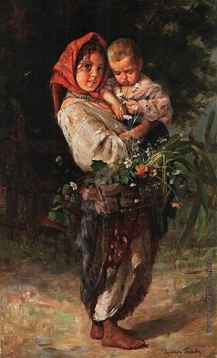 Попов Л. В. Девочка-крестьянка с ребенком и корзиной в руках