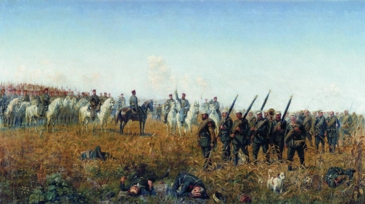 Бунин Н. Н. Лейб-гвардии Гусарский полк приветствует лейб-гвардии Егерский полк после боя под Темичем 12 октября 1877 года