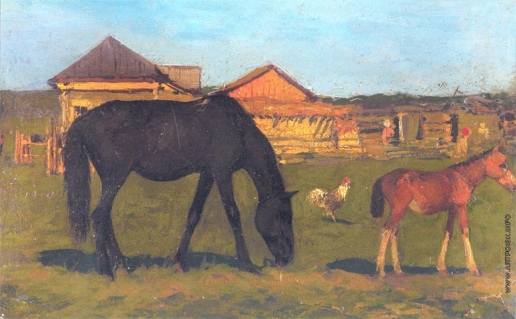 Туржанский Л. В. В деревне. Лошадь с жеребёнком