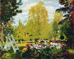 Кустодиев Б. М. Пейзаж с цветочной клумбой