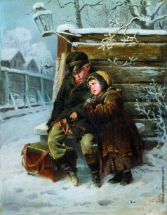 Маковский К. Е. Маленькие шарманщики у забора зимой