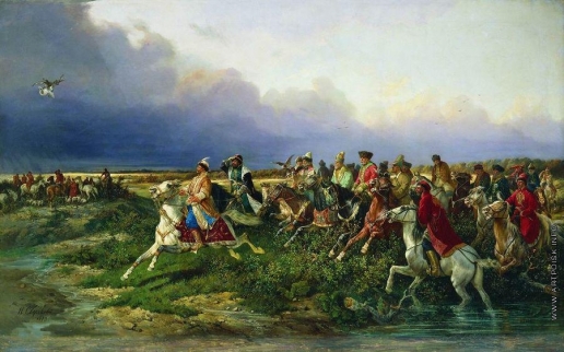 Сверчков Н. Е. Царь Алексей Михайлович с боярами на соколиной охоте близ Москвы