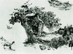 Шишкин И. И. Группа лиственный деревьев и камни. Набросок